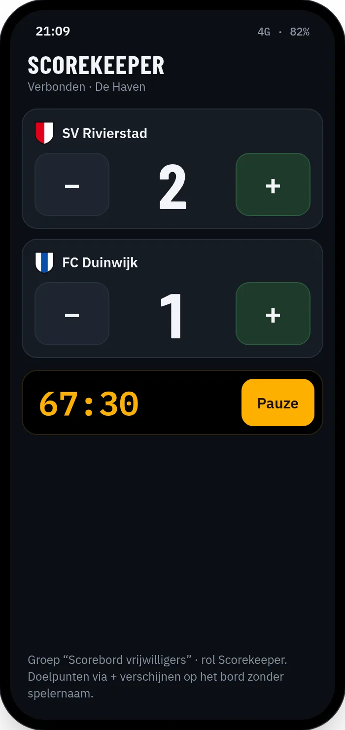 Scorekeeper-weergave van de Control-app: alleen score en klok, met grote plus- en minknoppen per team