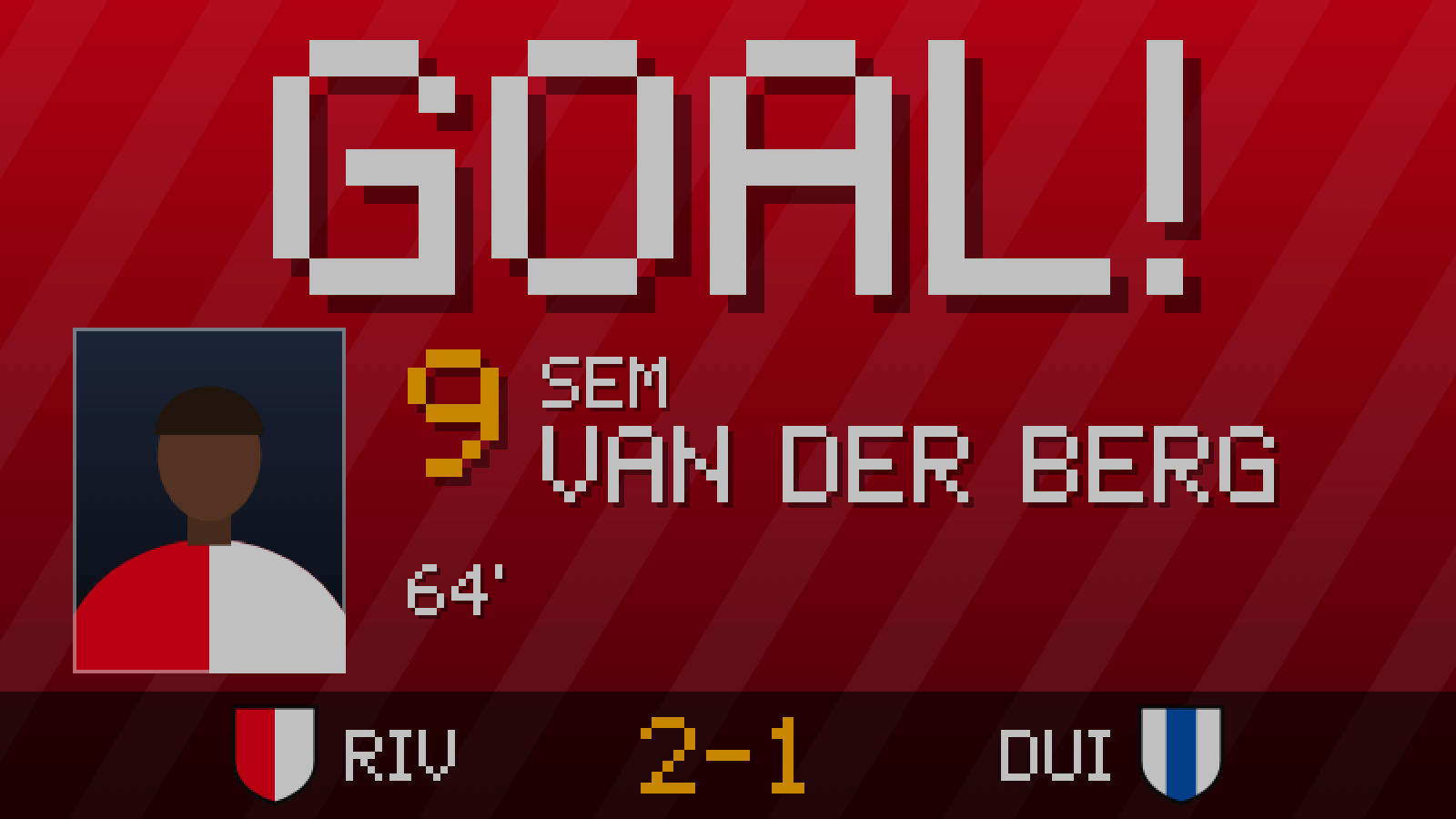 Doelpuntscène: GOAL! met foto, rugnummer 9 en naam Sem van der Berg, minuut 64, stand 2–1