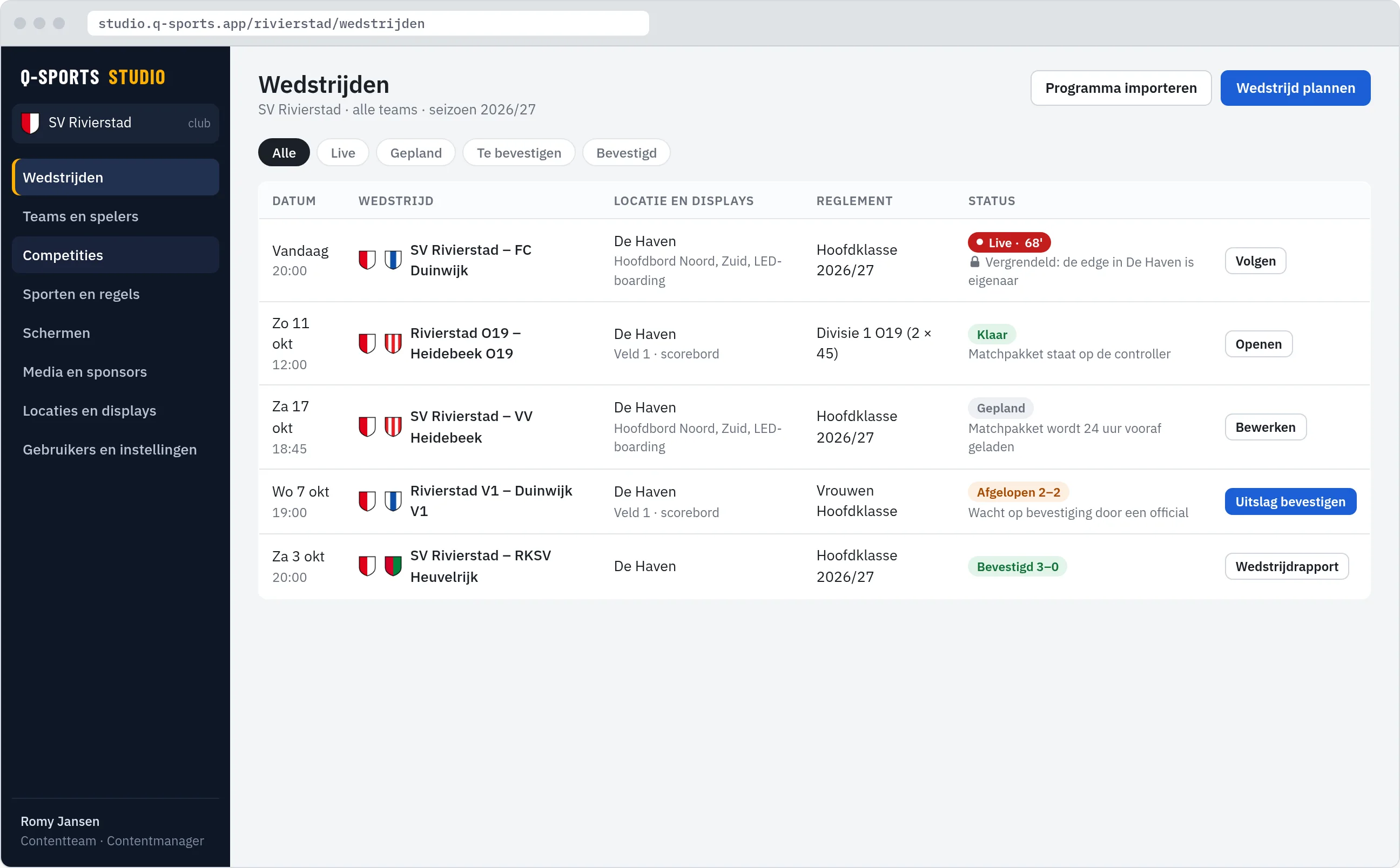 Studio, pagina Wedstrijden: lijst met datum, wedstrijd, locatie en displays, reglement en status zoals live, klaar, gepland en uitslag bevestigen