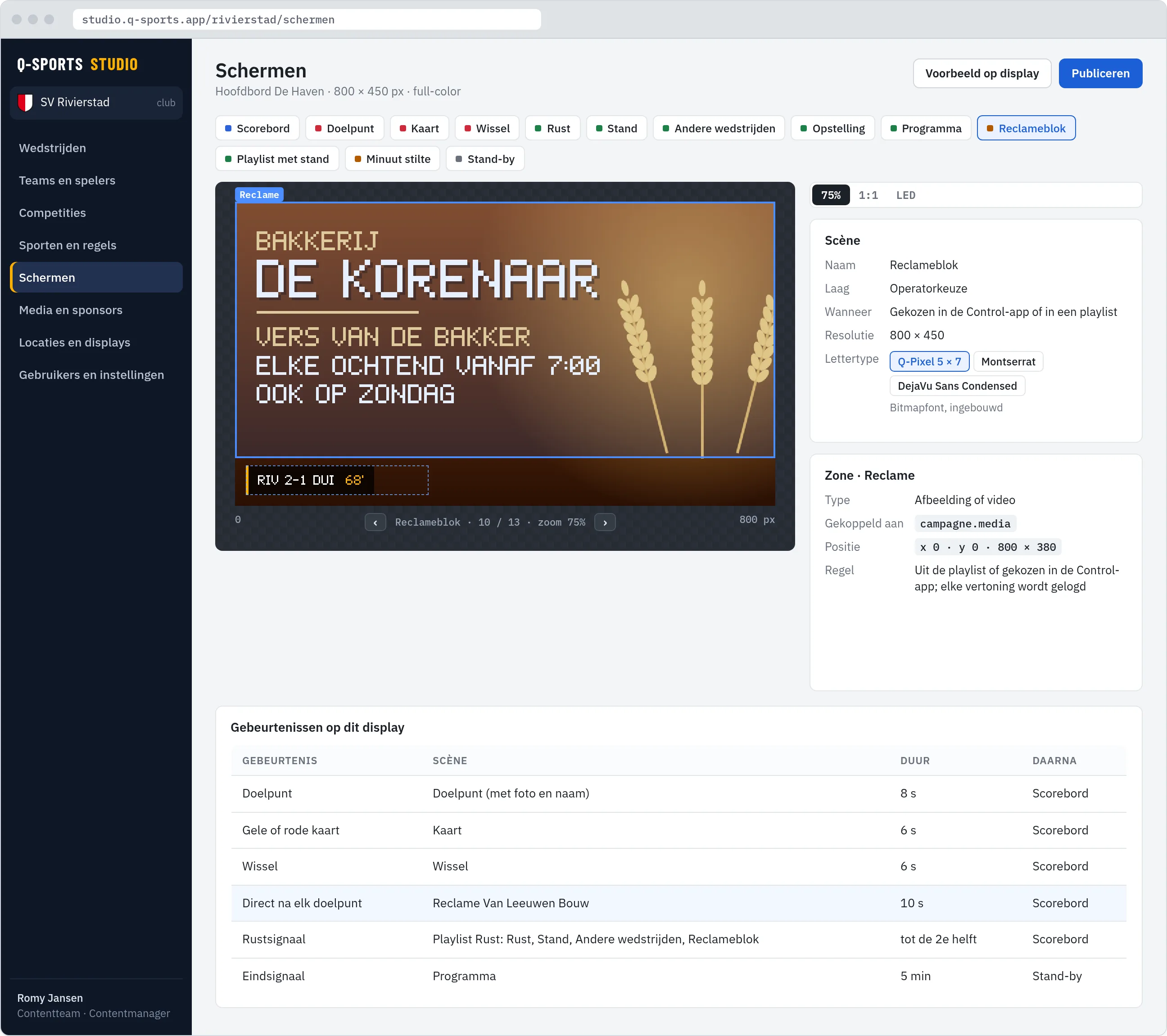 Studio, scène-editor: een reclameblok van een sponsor met de stand in de hoek, met de eigenschappen van de zone en de tabel met gebeurtenissen op dit display