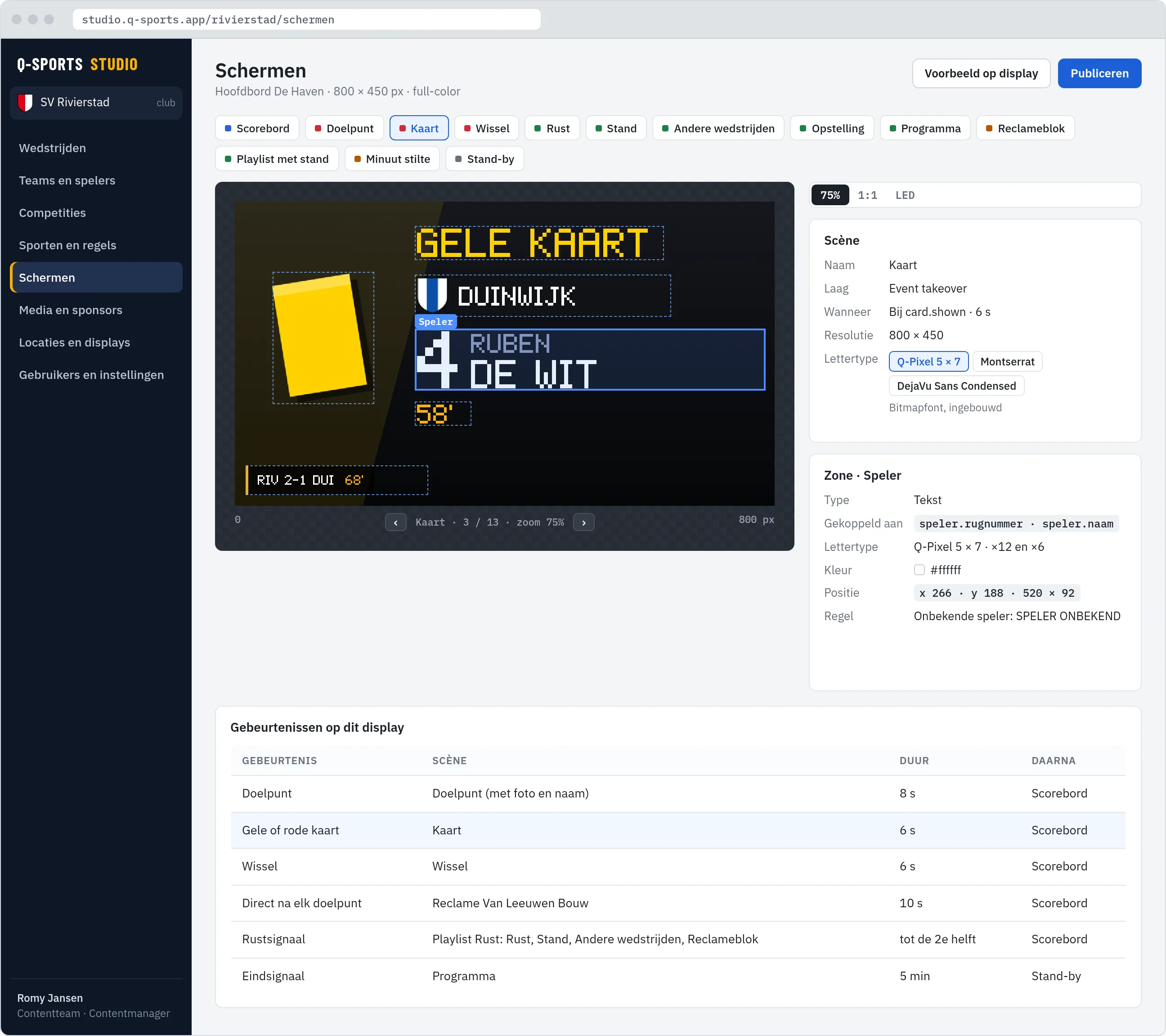 Studio, scène-editor: de kaartscène met kaart, team, speler en minuut; de zone Speler is geselecteerd, met de eigenschappen van de zone en de tabel met gebeurtenissen op dit display