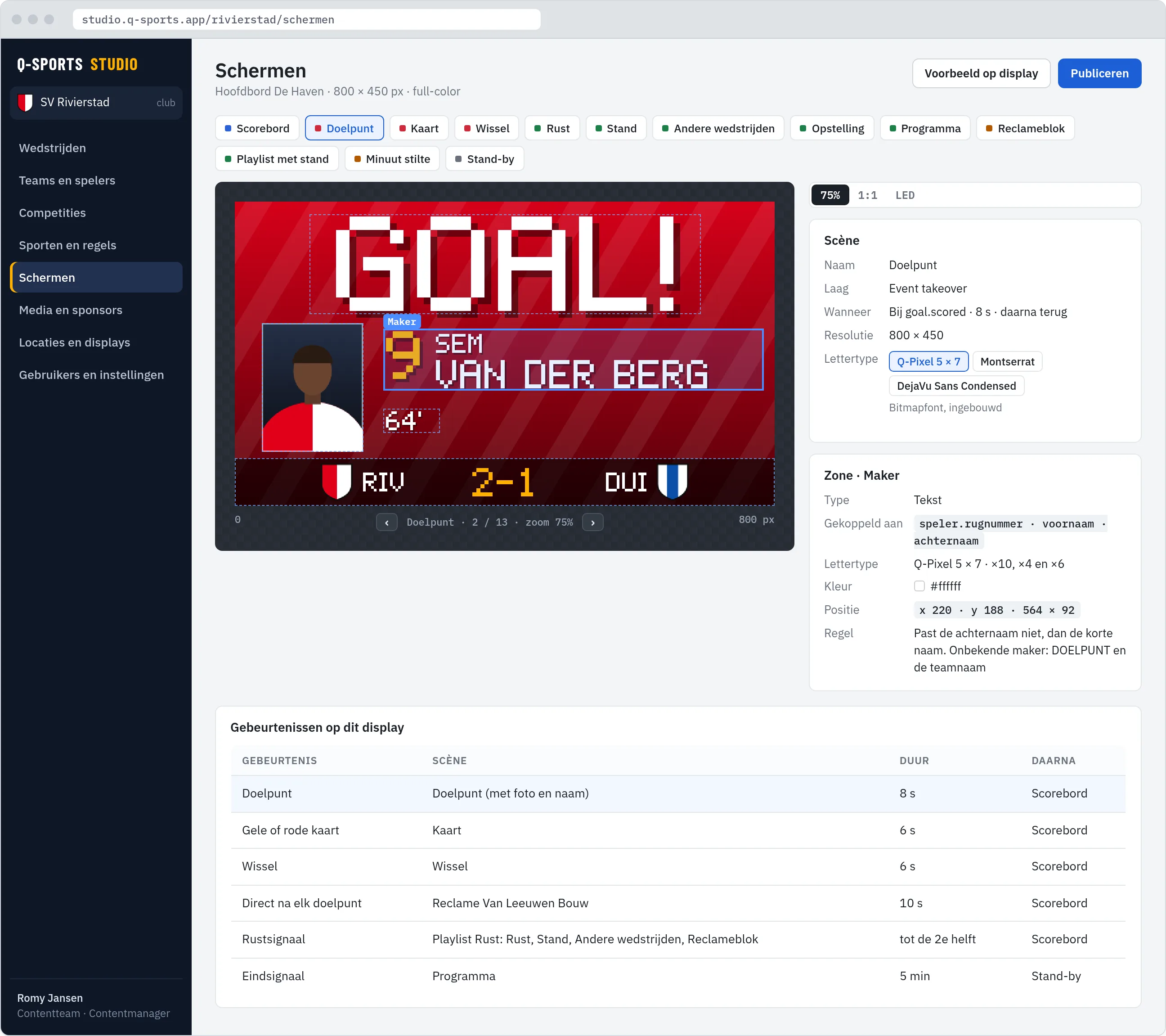 Studio, scène-editor: de doelpuntscène met foto, rugnummer en naam van de maker; de zone Maker is geselecteerd, met de eigenschappen van de zone en de tabel met gebeurtenissen op dit display