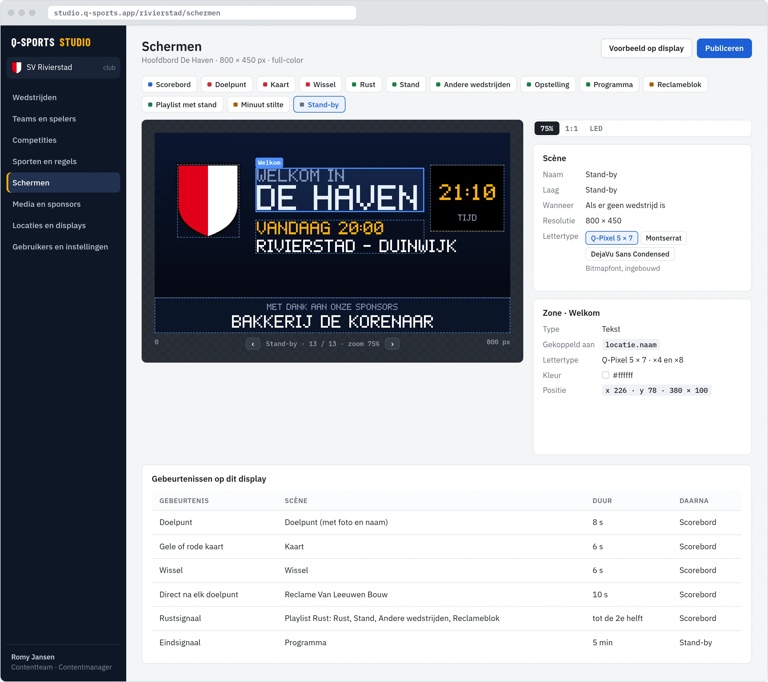Studio, scène-editor: het stand-by-scherm met clublogo, volgende wedstrijd en een QR-code die de Control-app opent, met de eigenschappen van de zone en de tabel met gebeurtenissen op dit display