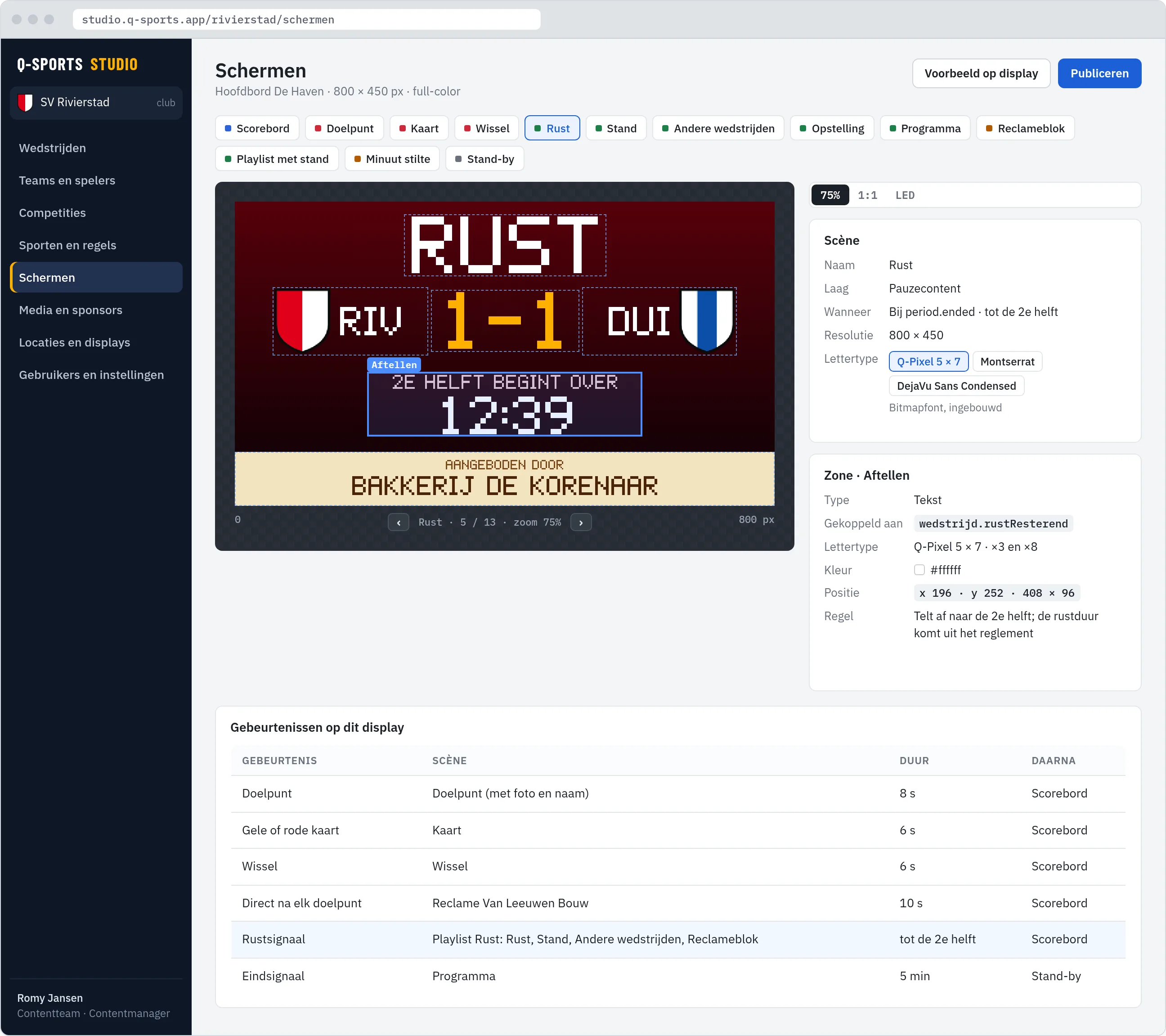 Studio, scène-editor: de rustscène met ruststand, aftellen naar de tweede helft en de rustsponsor; de zone Aftellen is geselecteerd, met de eigenschappen van de zone en de tabel met gebeurtenissen op dit display