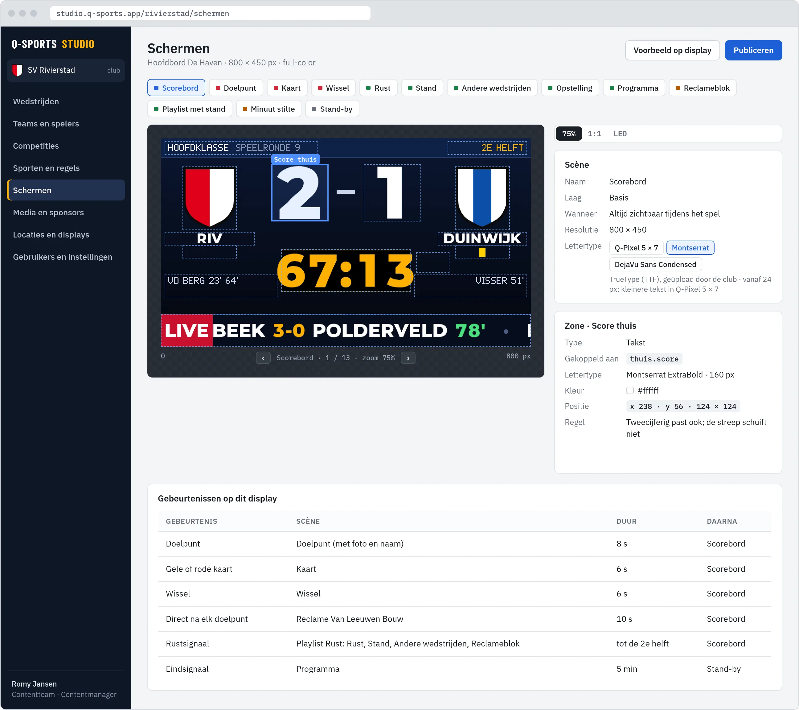 Studio, scène-editor: het scorebord met het TrueType-lettertype Montserrat ExtraBold gekozen voor dit display; de zone Score thuis toont Montserrat ExtraBold op 160 px, met de eigenschappen van de zone en de tabel met gebeurtenissen op dit display
