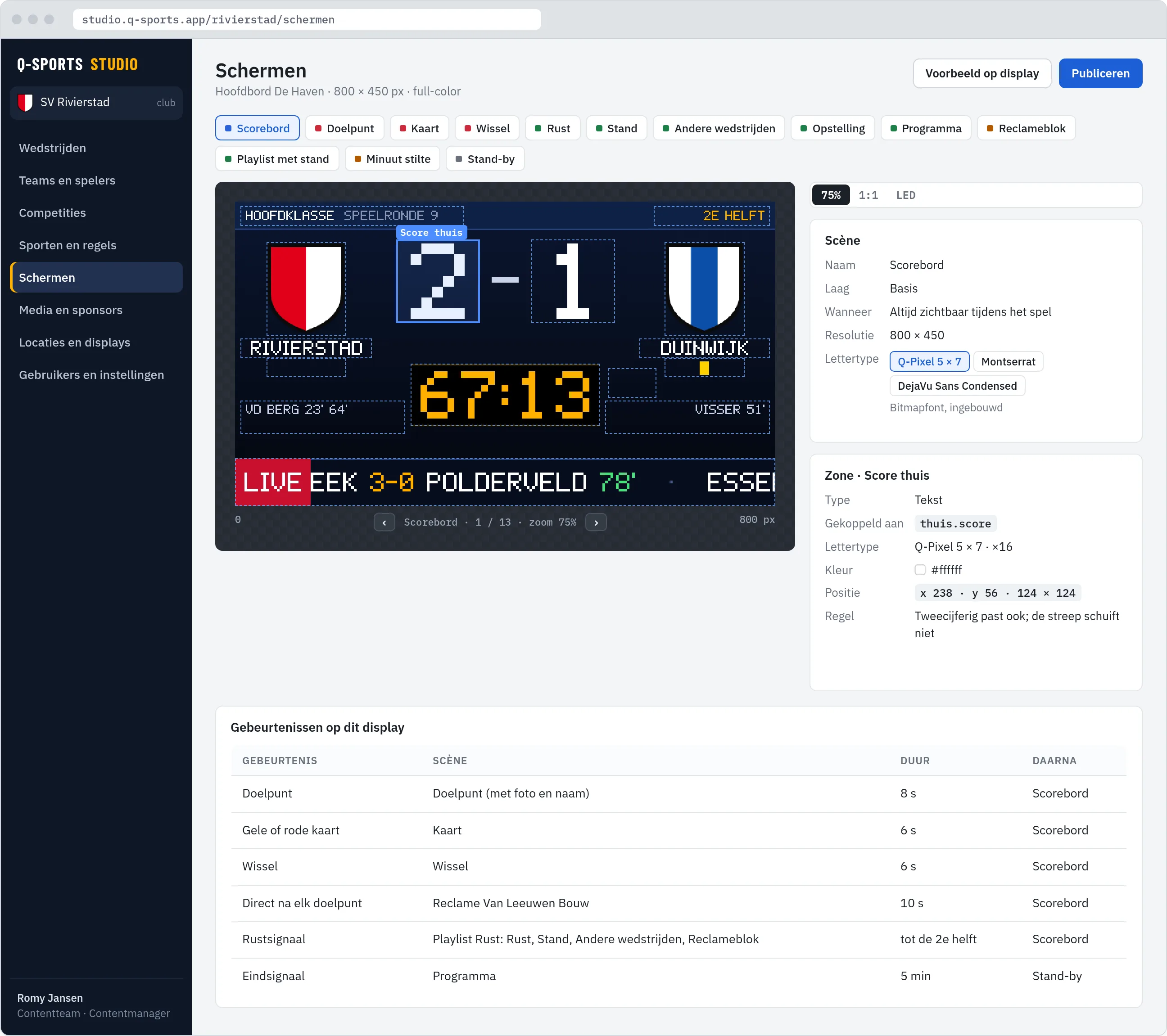 Studio, scène-editor: het scorebord tijdens het spel, met de zone Score thuis geselecteerd, met de eigenschappen van de zone en de tabel met gebeurtenissen op dit display