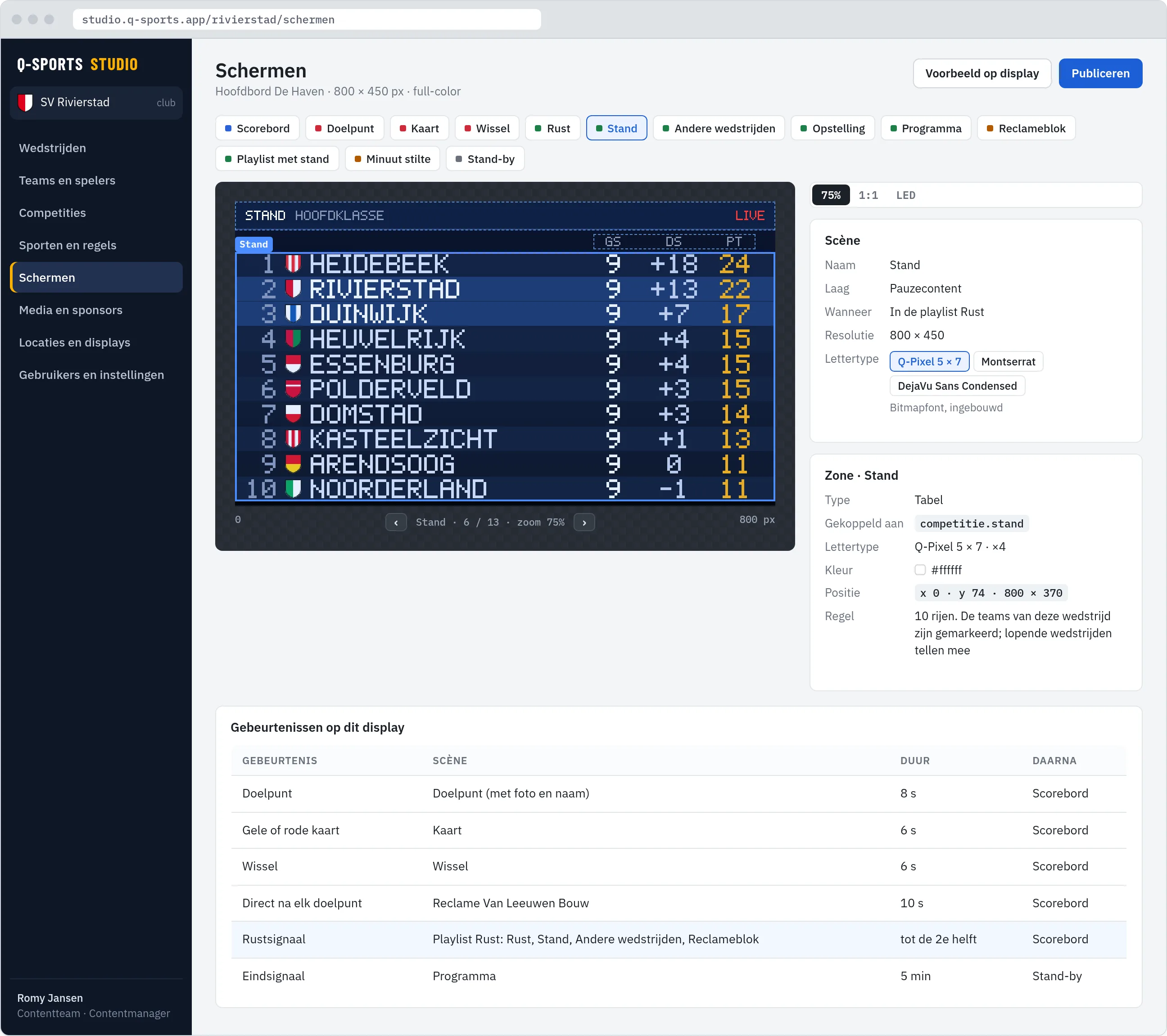 Studio, scène-editor: de live stand van de competitie als tabelzone, met de eigenschappen van de zone en de tabel met gebeurtenissen op dit display