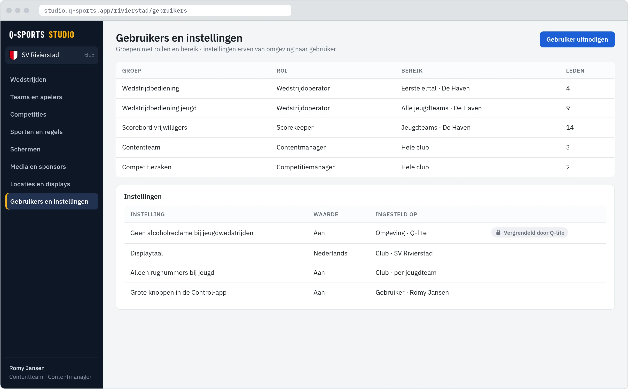 Studio, pagina Gebruikers en instellingen: groepen met hun rollen en instellingen met het niveau waar ze vandaan komen